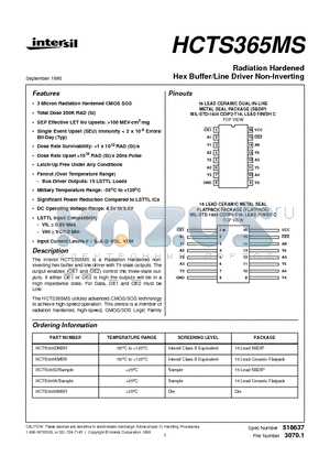 HCTS365MS datasheet - Radiation Hardened Hex Buffer/Line Driver Non-Inverting