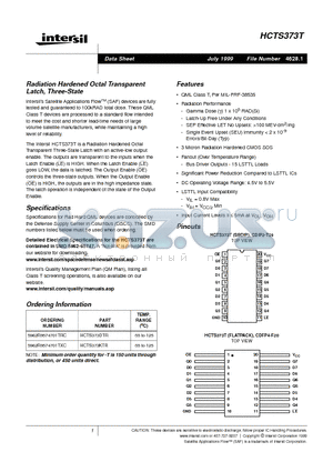 HCTS373DTR datasheet - Radiation Hardened Octal Transparent Latch, Three-State