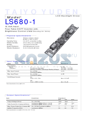 LS680-1 datasheet - 12 Volt Input Four Tube CCFT Inverter (8W) Brightness Control