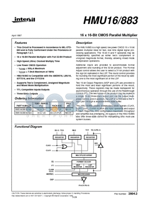 HMU16/883 datasheet - 16 x 16-Bit CMOS Parallel Multiplier