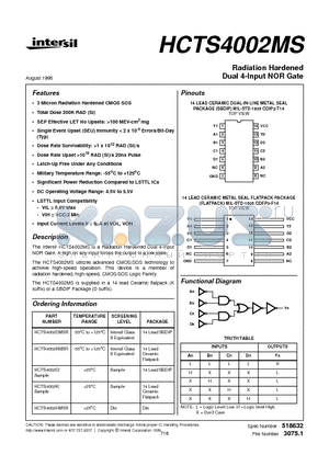 HCTS4002D datasheet - Radiation Hardened Dual 4-Input NOR Gate