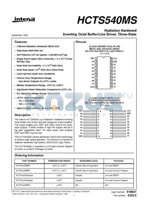 HCTS540K datasheet - Radiation Hardened Inverting Octal Buffer/Line Driver, Three-State