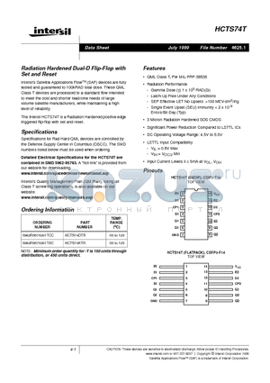 HCTS74KTR datasheet - Radiation Hardened Dual-D Flip-Flop with Set and Reset