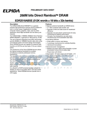 EDR2518ABSE-AD datasheet - 288M bits Direct Rambus DRAM