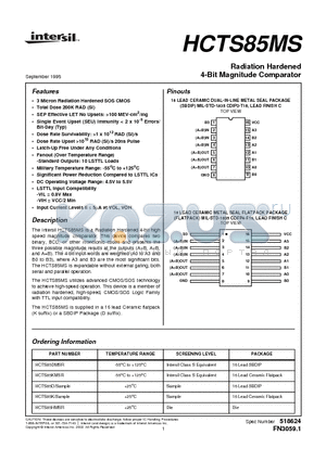 HCTS85D datasheet - Radiation Hardened 4-Bit Magnitude Comparator