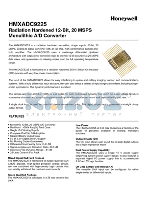 HMXADC9225NEG datasheet - Radiation Hardened 12-Bit, 20 MSPS Monolithic A/D Converter