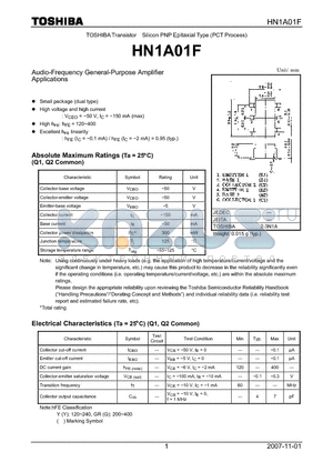 HN1A01F datasheet - Silicon PNP Epitaxial Type (PCT Process) Audio-Frequency General-Purpose Amplifier
