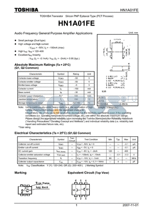 HN1A01FE datasheet - Silicon PNP Epitaxial Type (PCT Process) Audio Frequency General Purpose Amplifier Applications