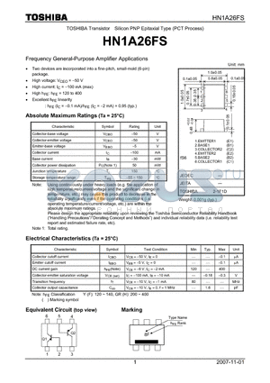 HN1A26FS datasheet - Silicon PNP Epitaxial Type (PCT Process) Frequency General-Purpose Amplifier Applications