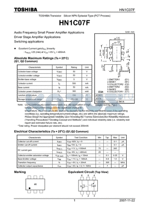 HN1C07F datasheet - Audio Frequency Small Power Amplifier Applications Driver Stage Amplifier Applications Switching applications