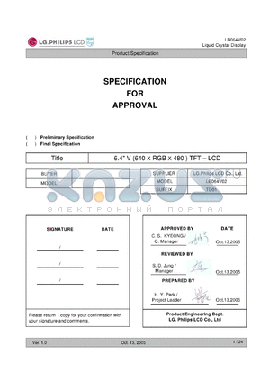 LB064V02 datasheet - 6.4 V (640 X RGB X 480 ) TFT  LCD