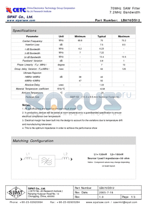 LB070DS12 datasheet - 70MHz SAW Filter 7.2MHz Bandwidth