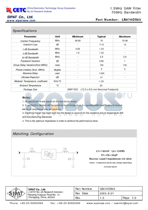 LB070DS03 datasheet - 1.5MHz SAW Filter 70MHz Bandwid