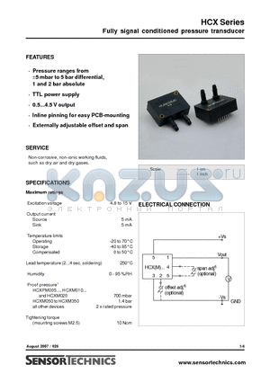 HCXM050D6V datasheet - Fully signal conditioned pressure transducer