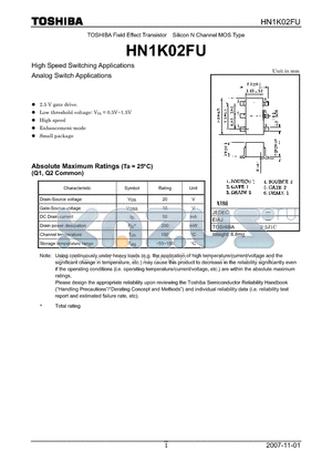 HN1K02FU datasheet - Silicon N Channel MOS Type High Speed Switching Applications