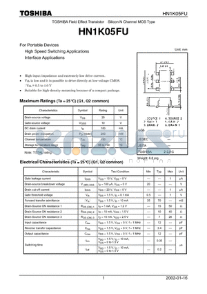 HN1K05FU datasheet - TOSHIBA Field Effect Transistor Silicon N Channel MOS Type