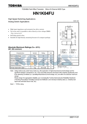 HN1K04FU datasheet - Silicon N Channel MOS Type High Speed Switching Applications