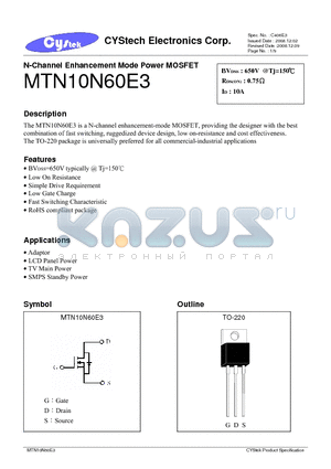 MTN10N60E3 datasheet - N-Channel Enhancement Mode Power MOSFET