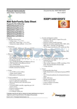 MK60DN512ZVMD10 datasheet - K60 Sub-Family Data Sheet