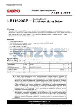 LB11620GP datasheet - Monolithic Digital IC Brushless Motor Driver