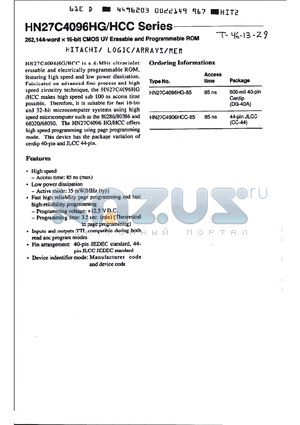 HN27C4096HCC datasheet - 262,144-word x 16-bit CMOS UV Erasable and Programmable ROM