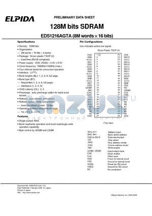 EDS1216AGTA datasheet - 128M bits SDRAM (8M words  16 bits)