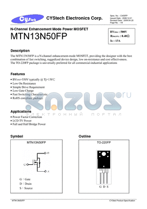 MTN13N50FP datasheet - N-Channel Enhancement Mode Power MOSFET