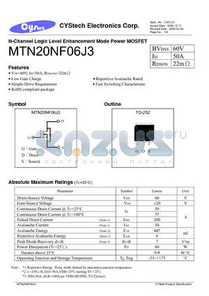 MTN20NF06J3 datasheet - N-Channel Logic Level Enhancement Mode Power MOSFET