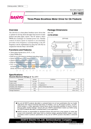 LB11822 datasheet - Three-Phase Brushless Motor Driver for OA Products