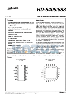 HD-6409/883 datasheet - CMOS Manchester Encoder-Decoder