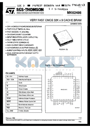 MK62486 datasheet - VERY FAXT CMOS 32K x 9 CACHE BRAM