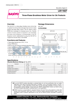 LB11827 datasheet - Three-Phase Brushless Motor Driver for OA Products
