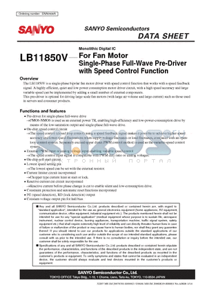 LB11850V datasheet - Monolithic Digital IC For Fan Motor Single-Phase Full-Wave Pre-Driver with Speed Control Function