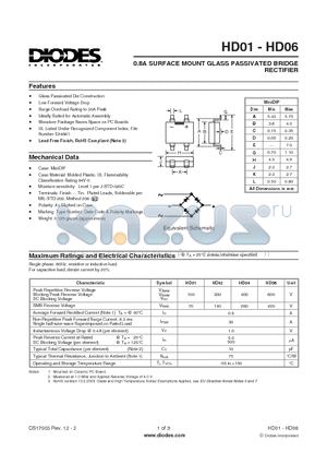 HD01_1 datasheet - 0.8A SURFACE MOUNT GLASS PASSIVATED BRIDGE RECTIFIER