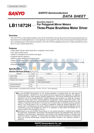 LB11872H_08 datasheet - For Polygonal Mirror Motors Three-Phase Brushless Motor Driver