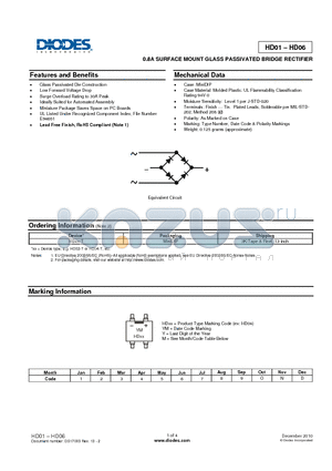 HD06 datasheet - 0.8A SURFACE MOUNT GLASS PASSIVATED BRIDGE RECTIFIER