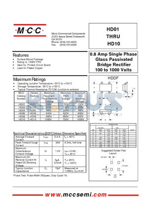 HD08 datasheet - 0.8 Amp Single Phase Glass Passivated Bridge Rectifier 100 to 1000 Volts