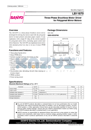 LB11870 datasheet - Three-Phase Brushless Motor Driver for Polygonal Mirror Motors