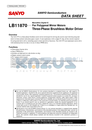 LB11870 datasheet - For Polygonal Mirror Motors Three-Phase Brushless Motor Driver