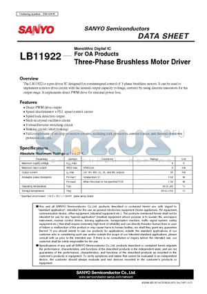 LB11922_08 datasheet - For OA Products Three-Phase Brushless Motor Driver