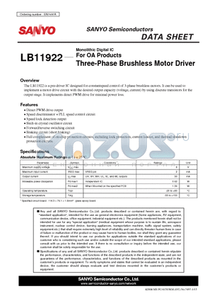 LB11922 datasheet - For OA Products Three-Phase Brushless Motor Driver