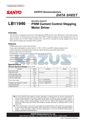 LB11946 datasheet - PWM Current Control Stepping Motor Driver