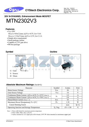 MTN2302V3 datasheet - 20V N-CHANNEL Enhancement Mode MOSFET