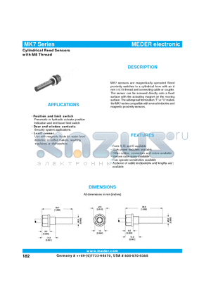 MK7-1B90E-500U datasheet - Cylindrical Reed Sensors with M8 Thread