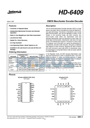 HD1-6409-9 datasheet - CMOS Manchester Encoder-Decoder