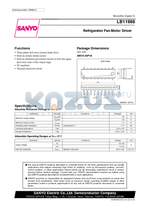 LB11988 datasheet - Refrigerator Fan Motor Driver