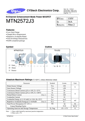 MTN2572J3 datasheet - N-Channel Enhancement Mode Power MOSFET