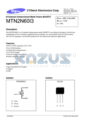MTN2N60I3 datasheet - N-Channel Enhancement Mode Power MOSFET