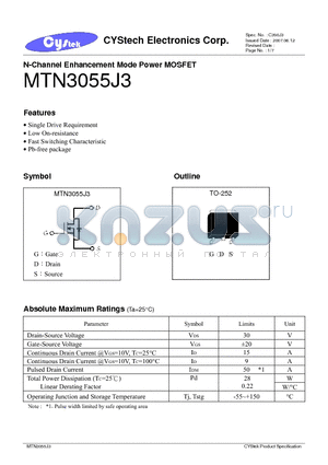 MTN3055J3 datasheet - N-Channel Enhancement Mode Power MOSFET