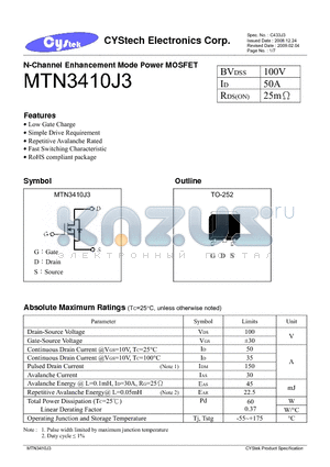 MTN3410J3 datasheet - N-Channel Enhancement Mode Power MOSFET